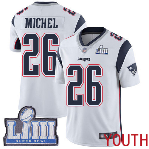 New England Patriots Football #26 Super Bowl LIII Bound Limited White Youth Sony Michel Road NFL Jersey